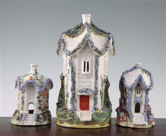 A rare large Staffordshire porcelain cottage pastille burner and two similar smaller examples, mid 19th century, 16 - 29cm